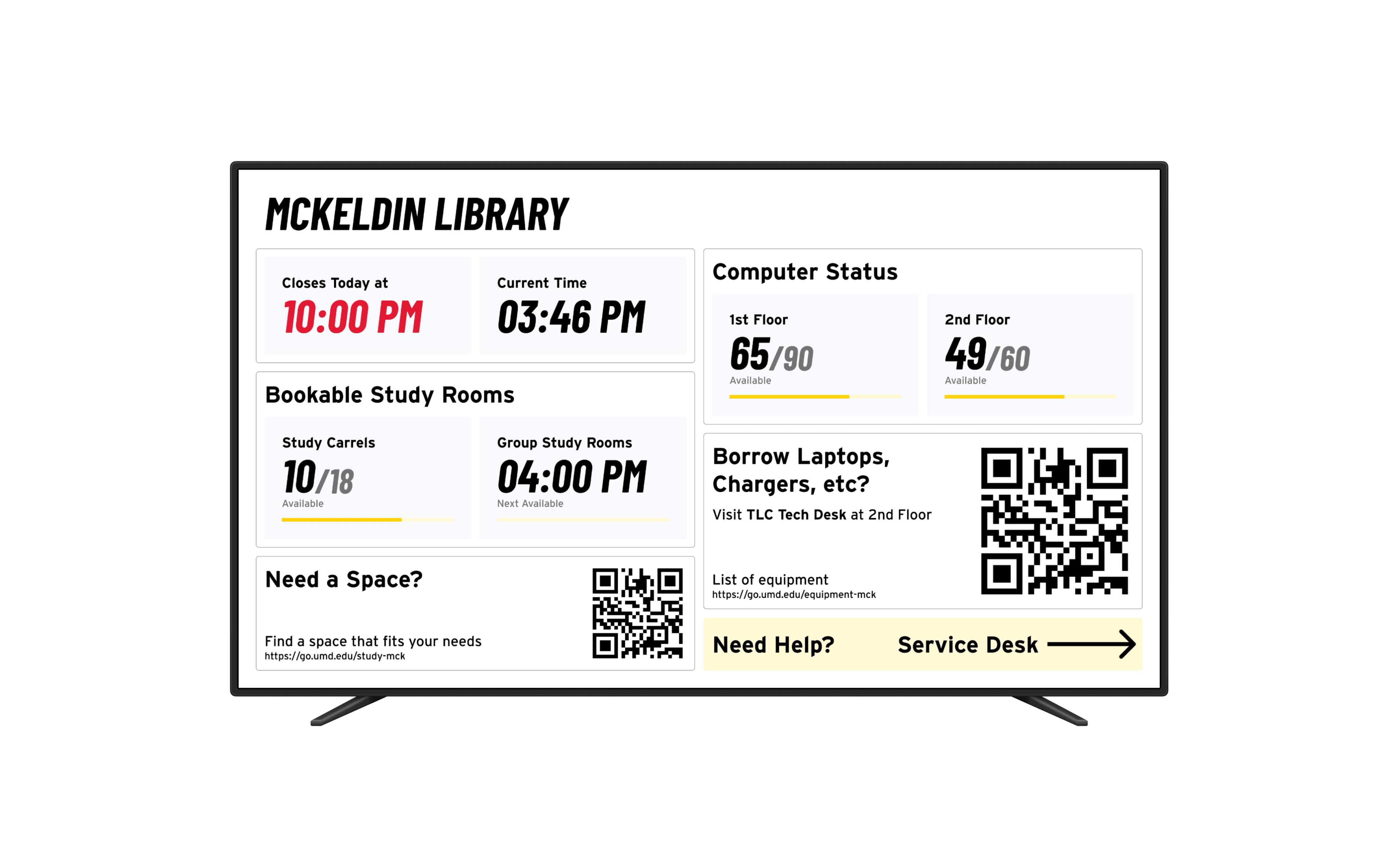 Information display monitor in a library.