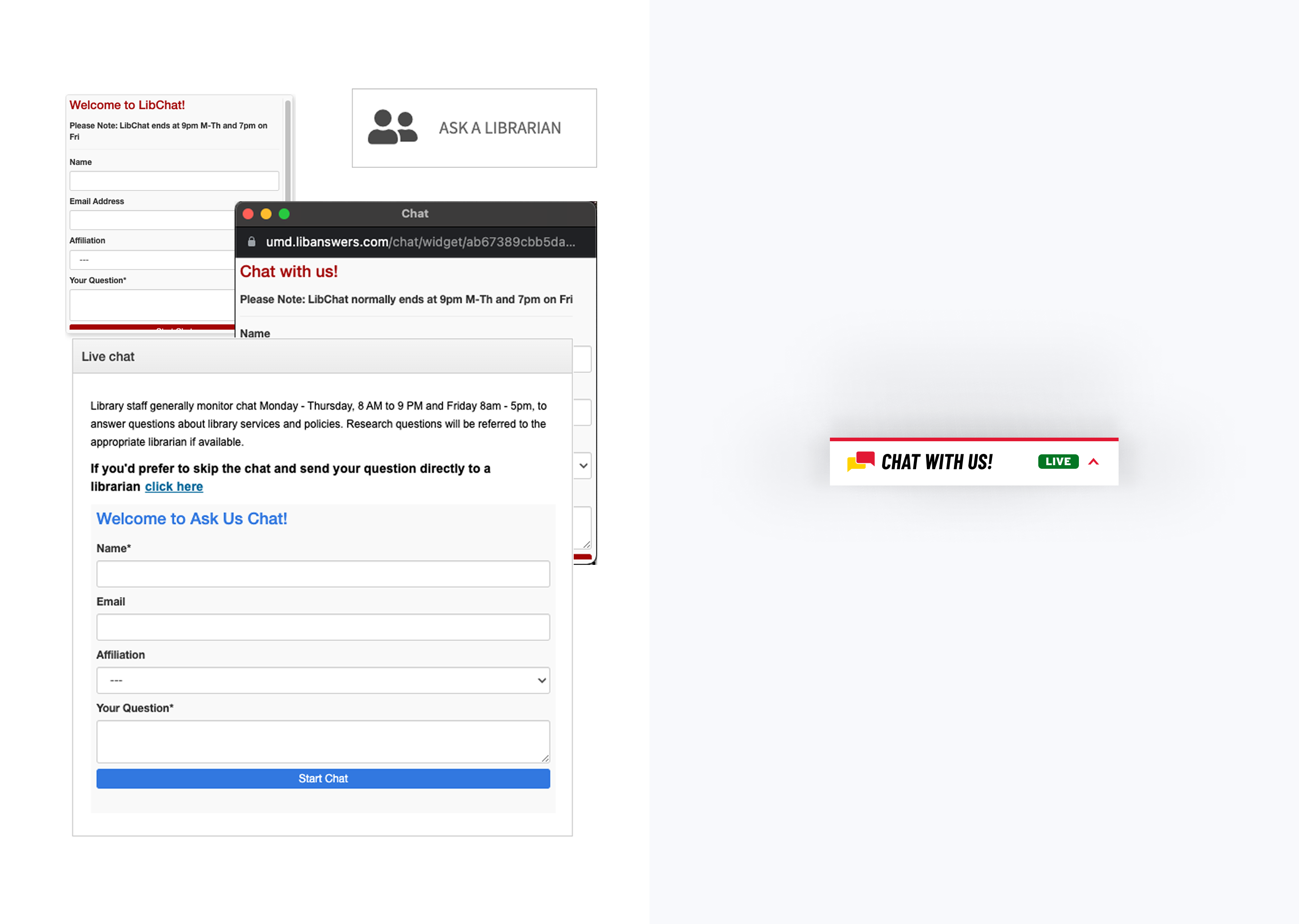 Left — original site with multiple inconsistent names for the chat service across pages; right — standardized 'Chat With Us!' branding applied everywhere