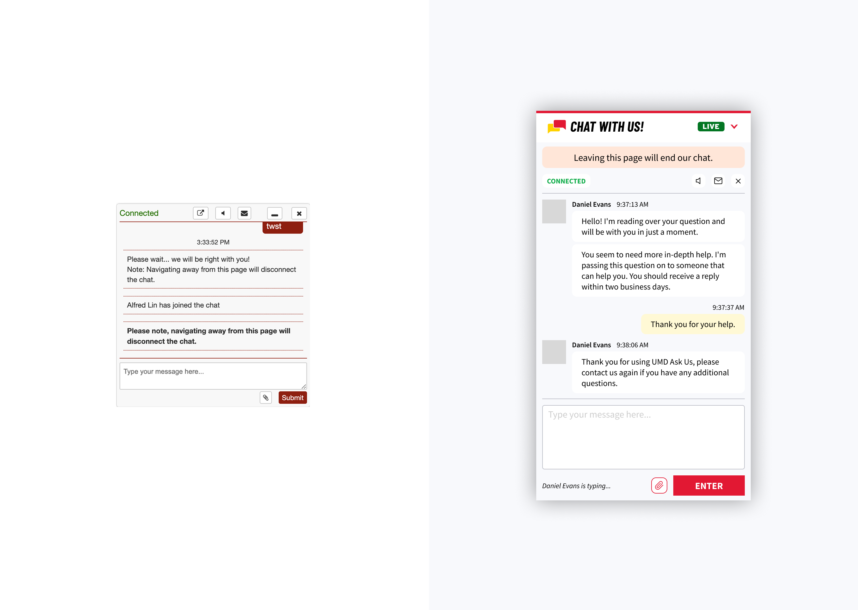 Left — original design; Right — new design with persistent notice at the top warning users not to close the tab and lose their conversation
