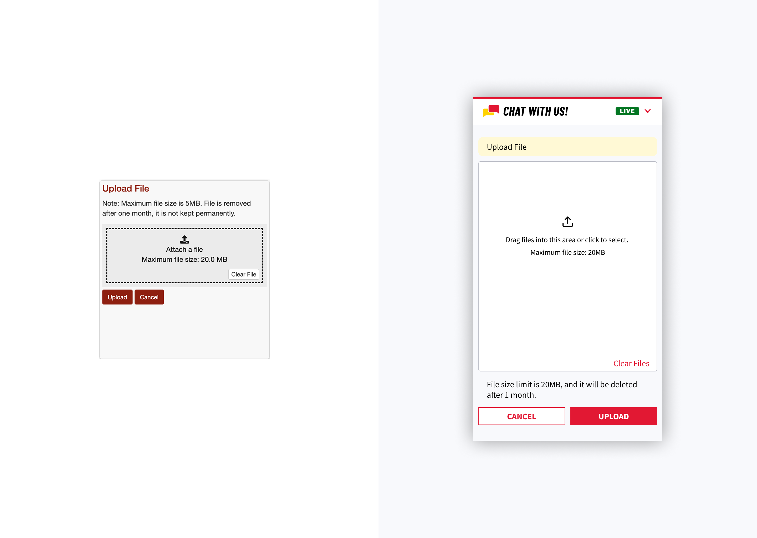 Left — original file upload page with contradictory instructions; Right — new design with clear instructions on accepted formats and sizes