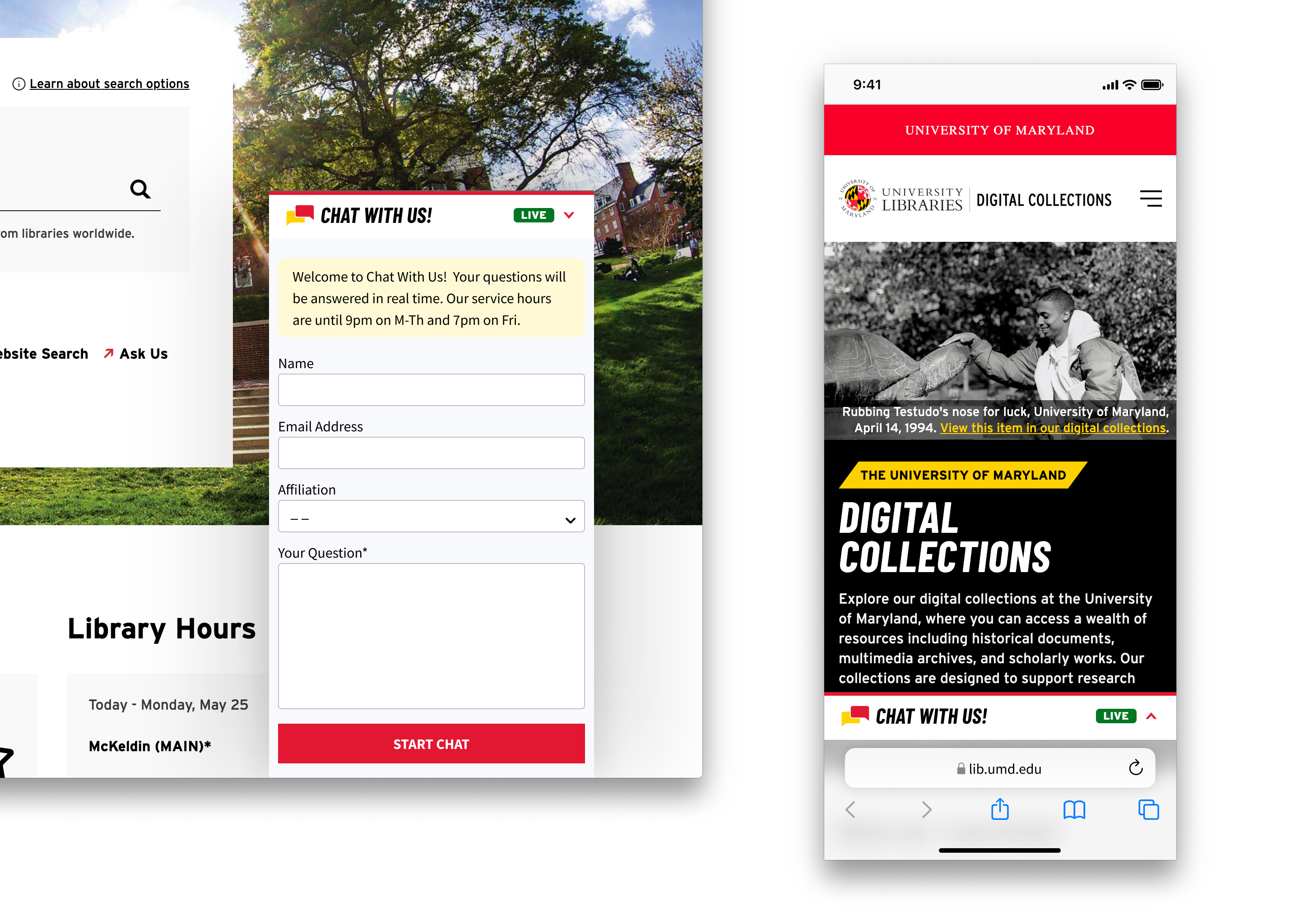 Left — chat widget on the desktop website; Right — chat widget on the mobile website