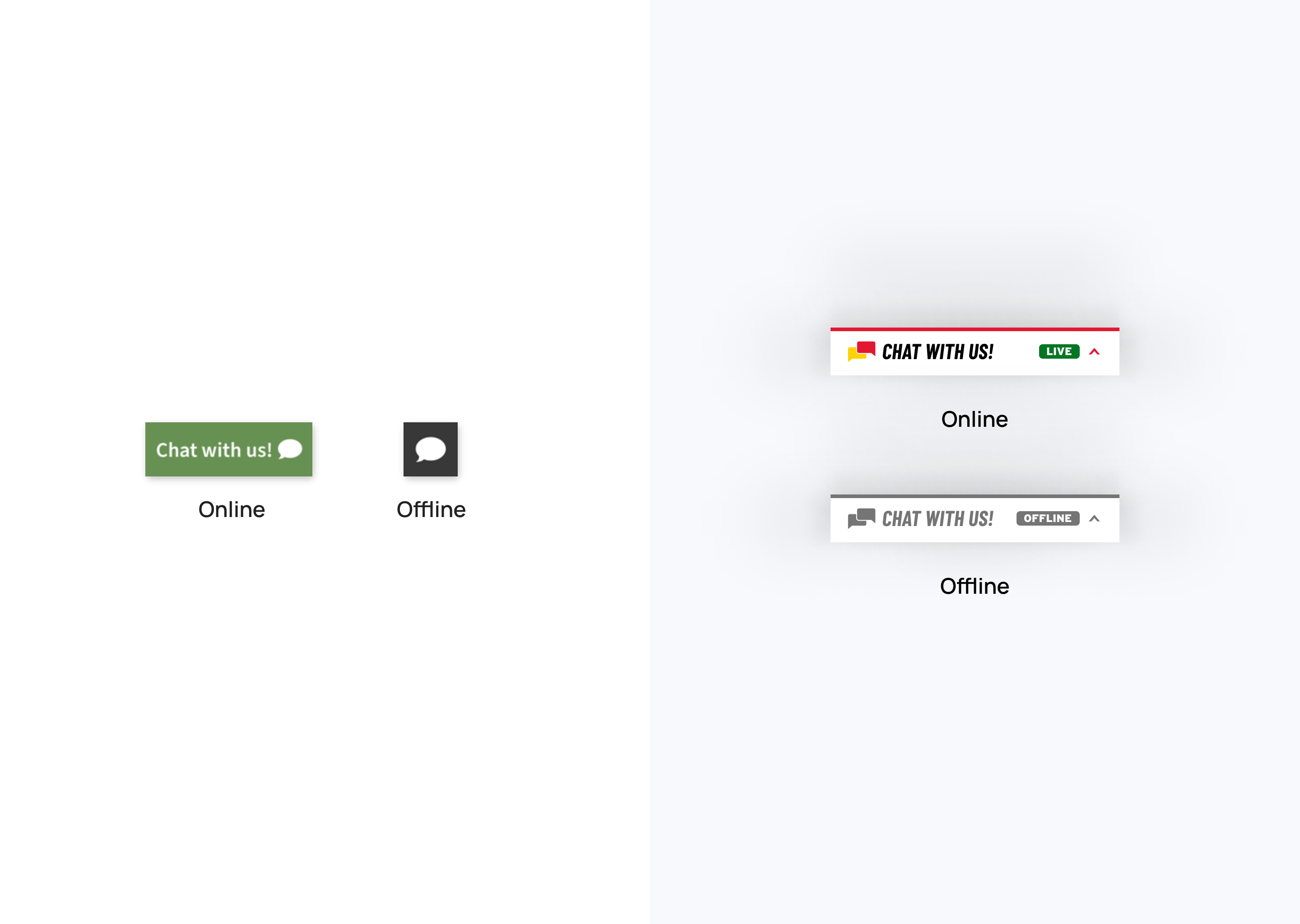 Left — original chat box with no status indication; right — new design clearly showing live or offline state