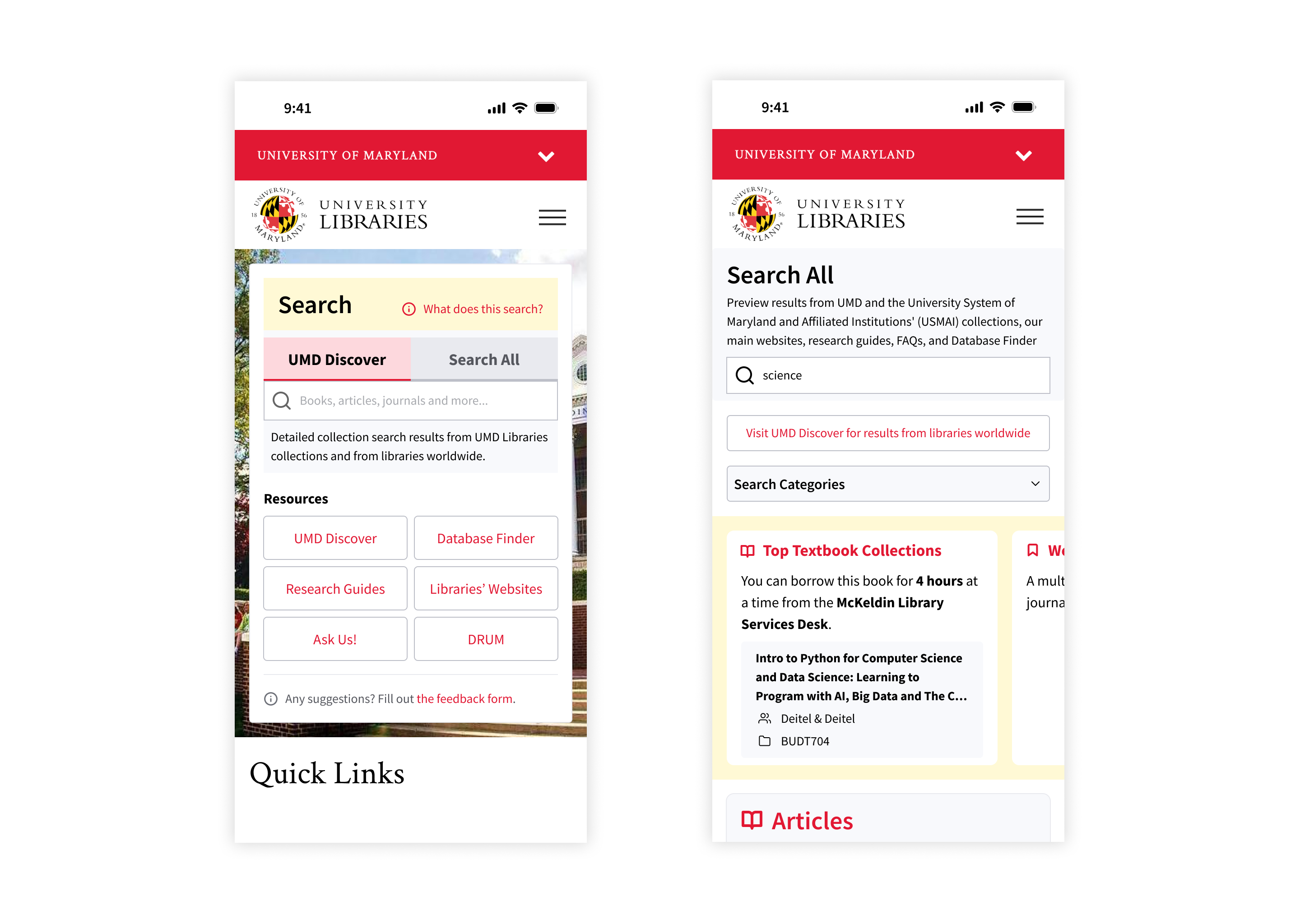 Left: Mobile search box keeps the two-tab pattern; resource shortcuts expand into tappable buttons for direct access to specific tools. Right: Mobile Search All keeps the same functionality as desktop, with facets collapsed by default so results surface immediately on small screens.