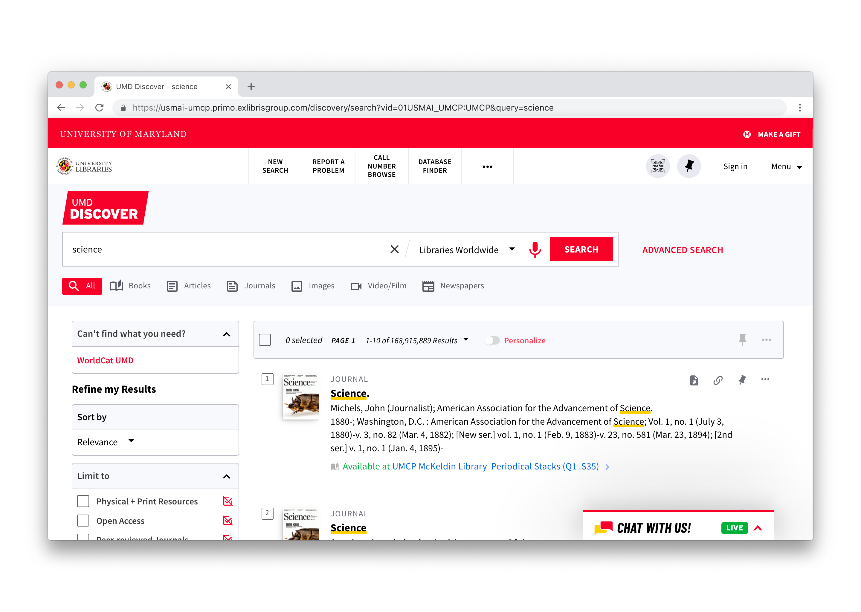 UMD Discover interface — Primo-based, customized to match the UMD Libraries design system. Deeper interface customization sat outside this project's scope.