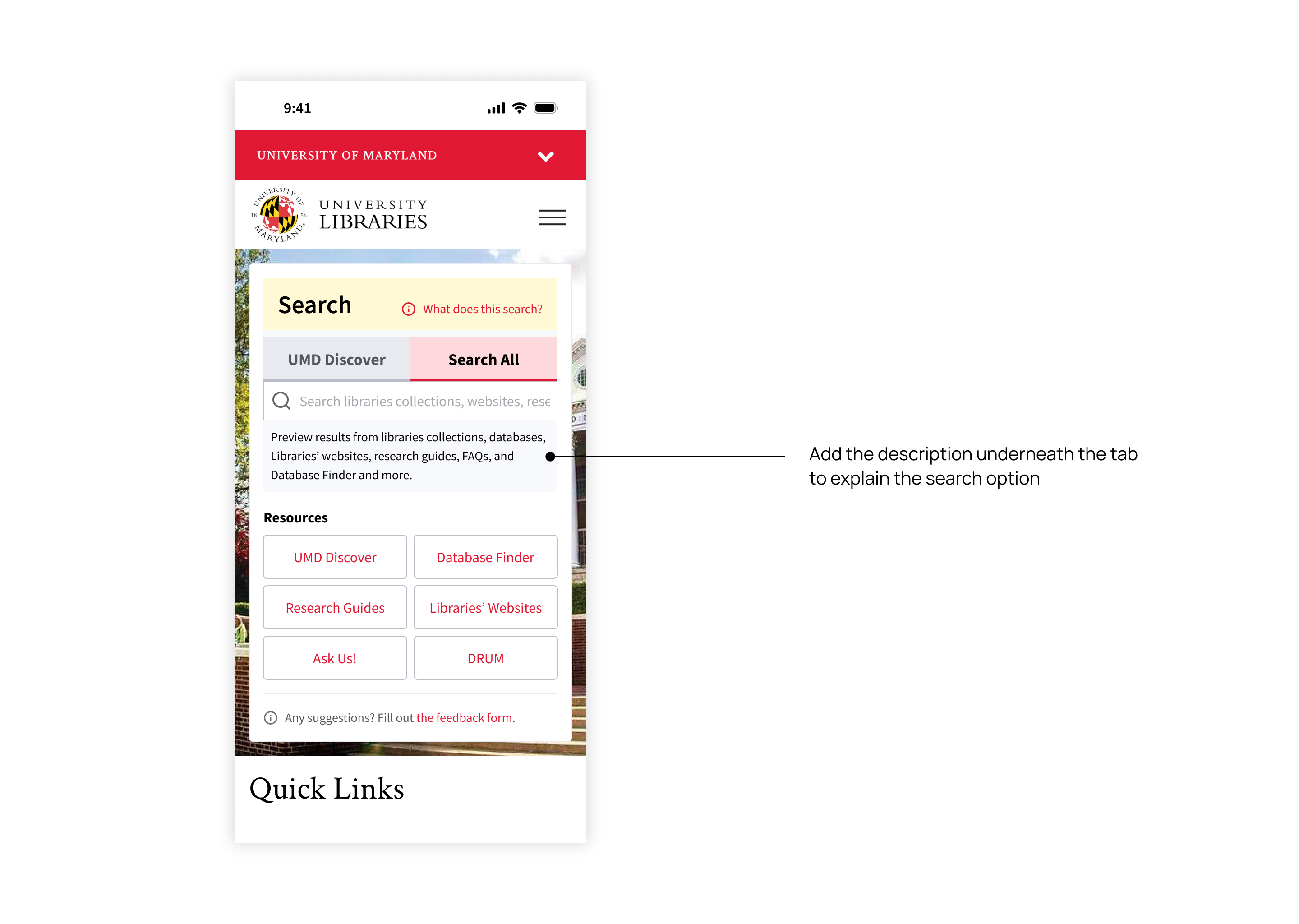 Example of inline descriptions added to the search interface.