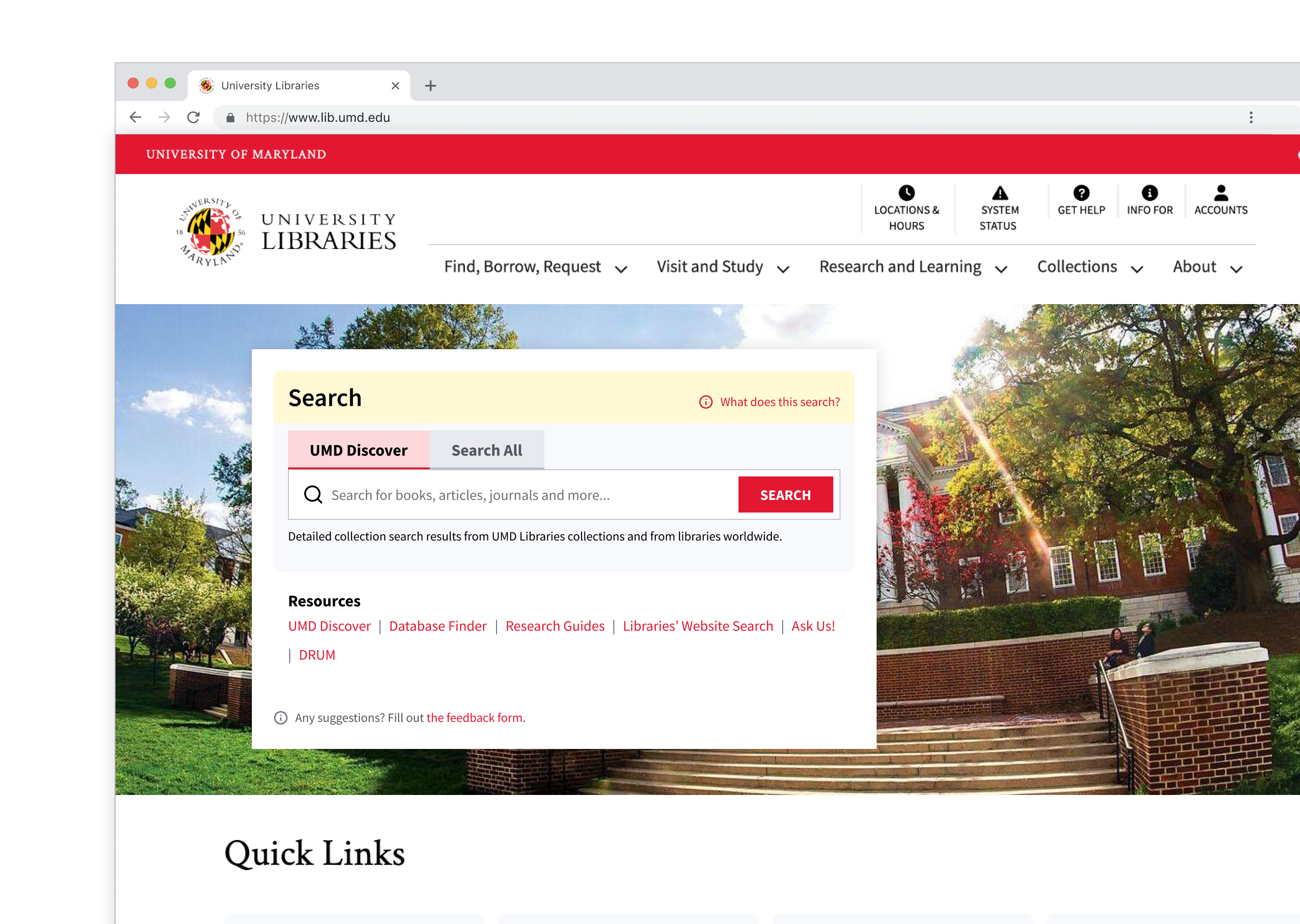 UMD Libraries main website homepage.